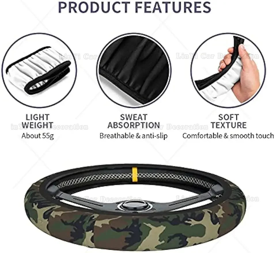 Green Camo Car Steering Wheel Cover Auto Steering Wheel Cover Protector Anti-Slip Durable Universal 15 In Fit Most Vehicles